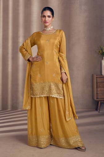 Mustard Embroidered Chinnon Stitched Straight Suit Up To 42" Size