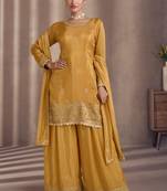 Mustard Embroidered Chinnon Stitched Straight Suit Up To 42" Size