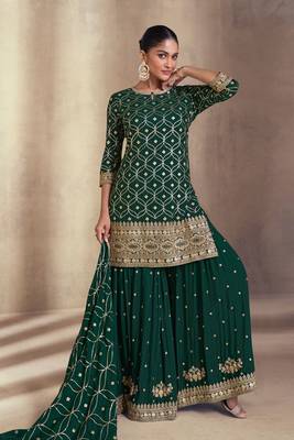 Green Embroidered Georgette Stitched Straight Suit Up To 42" Size 1