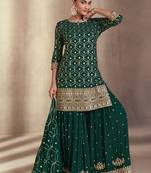 Green Embroidered Georgette Stitched Straight Suit Up To 42" Size