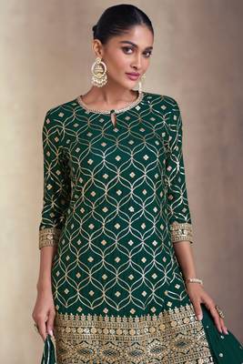 Green Embroidered Georgette Stitched Straight Suit Up To 42" Size 2