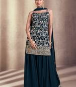 Teal Blue Embroidered Georgette Stitched Straight Suit Free size full stitched Up To 42" Size