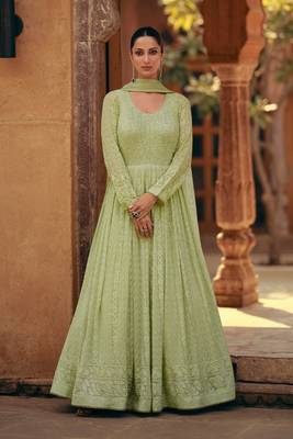 Pista Green Embroidered Georgette Stitched Gown. Free size full stitched Up To 42" Size 1