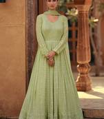 Pista Green Embroidered Georgette Stitched Gown. Free size full stitched Up To 42" Size