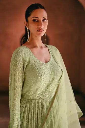 Pista Green Embroidered Georgette Stitched Gown. Free size full stitched Up To 42" Size