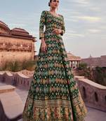Green Embroidered Georgette Stitched Gown. Free size full stitched Up To 42" Size