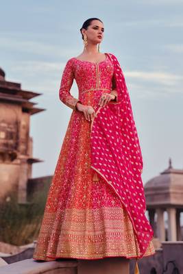 Pink Embroidered Georgette Free Size Stitched Gown. (Size Upto 42) Free size full stitched Up To 42" Size 1