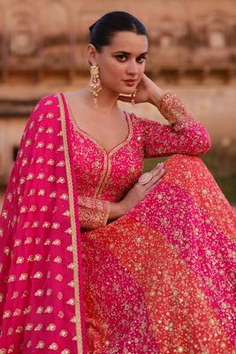 Pink Embroidered Georgette Free Size Stitched Gown. (Size Upto 42) Free size full stitched Up To 42" Size 2