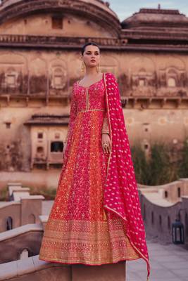 Pink Embroidered Georgette Free Size Stitched Gown. (Size Upto 42) Free size full stitched Up To 42" Size 3