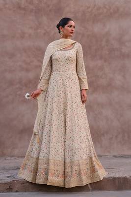 White Embroidered Georgette Stitched Gown. Free size full stitched Up To 42" Size 1