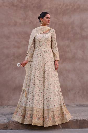 White Embroidered Georgette Stitched Gown. Free size full stitched Up To 42" Size
