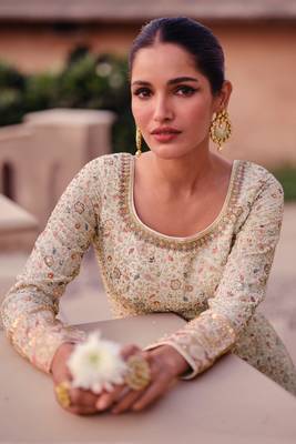 White Embroidered Georgette Stitched Gown. Free size full stitched Up To 42" Size 2