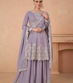 Lavender Embroidered Chinnon Silk Stitched Anarkali Suit. Free size full stitched Up To 42" Size