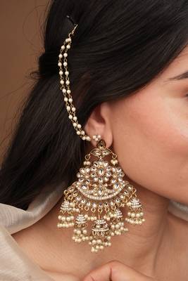 Designer Antique Gold Stud Earrings with Pearl Drops 4