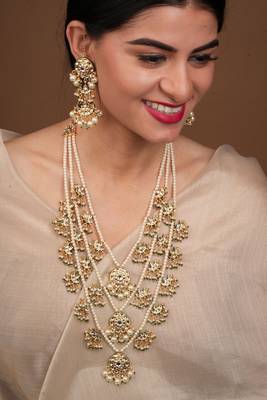 Yellow Gold Plated Pearl and Kundan Studded Multilayered Necklace Set 1