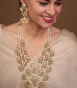 Yellow Gold Plated Pearl and Kundan Studded Multilayered Necklace Set