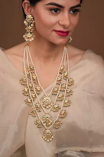 Yellow Gold Plated Pearl and Kundan Studded Multilayered Necklace Set