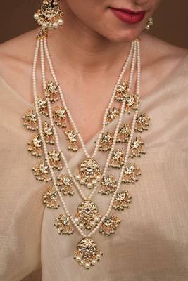 Yellow Gold Plated Pearl and Kundan Studded Multilayered Necklace Set 3