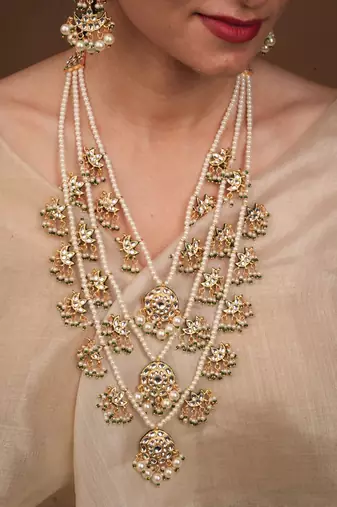 Yellow Gold Plated Pearl and Kundan Studded Multilayered Necklace Set