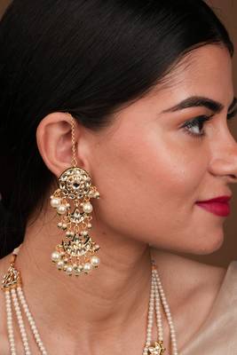 Yellow Gold Plated Pearl and Kundan Studded Multilayered Necklace Set 4