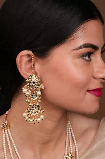 Yellow Gold Plated Pearl and Kundan Studded Multilayered Necklace Set