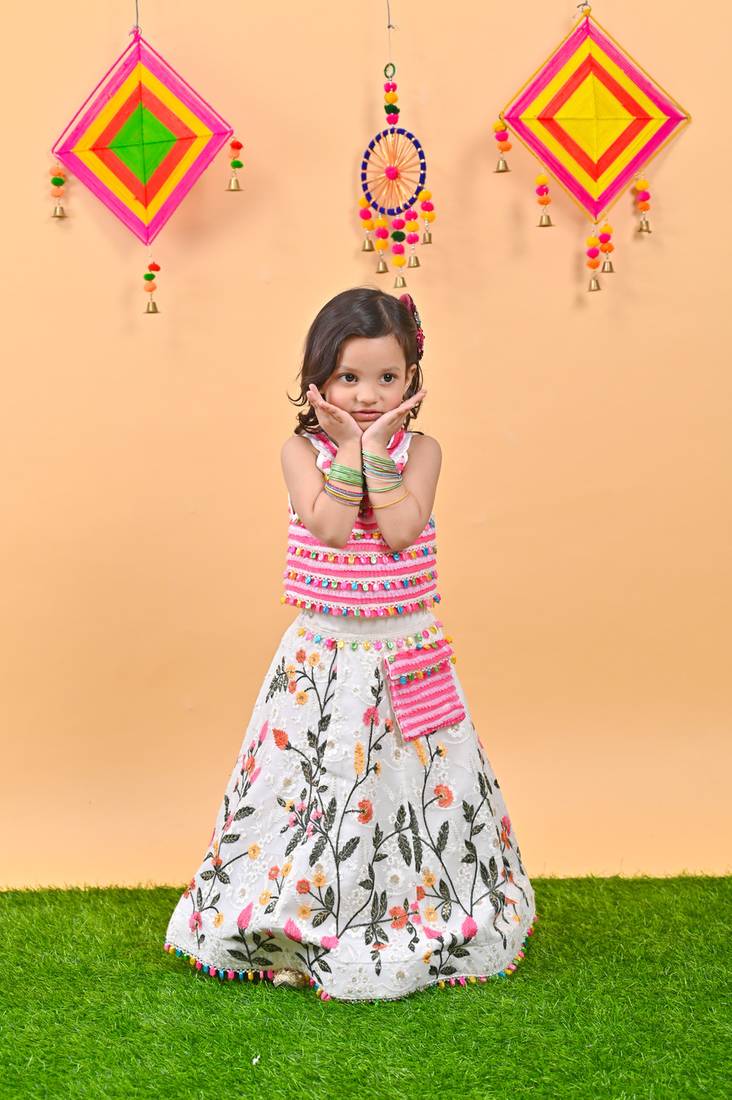 Pink Choli white embroidery Lehenga