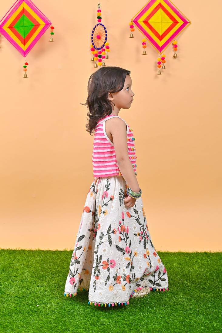 Pink Choli white embroidery Lehenga