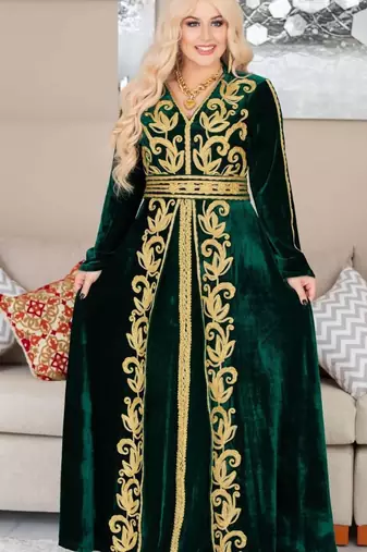 Green Velvet Handcrafted Zari work Stitched Georgette Kaftan Party Dress