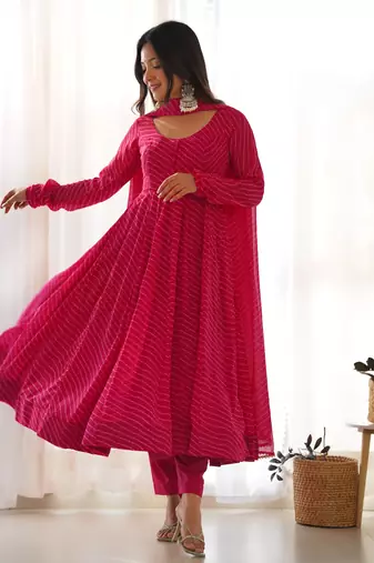 Fox Georgette Laheriya Print Fabric Fully Flair Anarkali Kurti, Dupatta And Pent