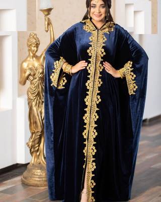 Navy Blue Velvet Aari Work Kaftan 2