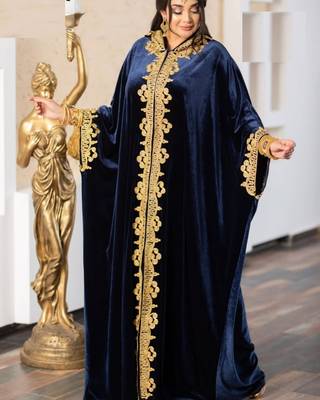 Navy Blue Velvet Aari Work Kaftan 3