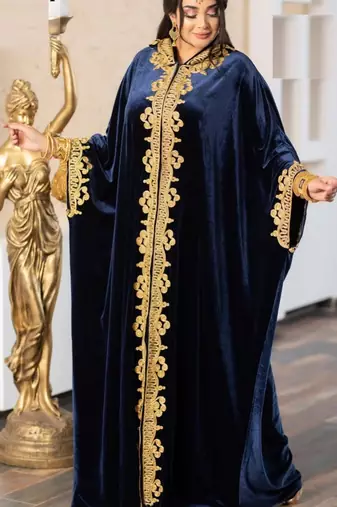 Navy Blue Velvet Aari Work Kaftan