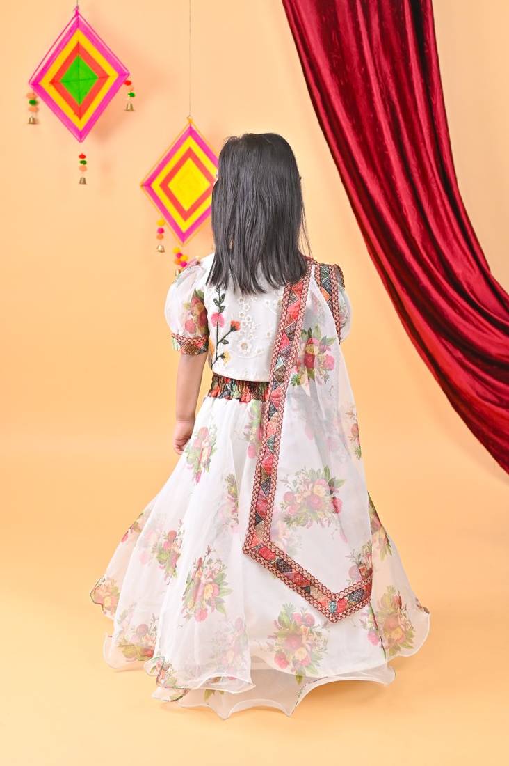White printed Lehenga multicolor embroidery choli