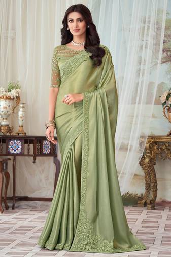 Light green burberry silk embroidery saree with blouse