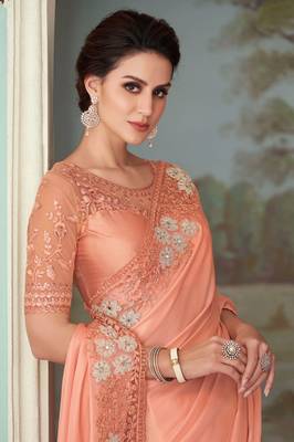 Peach oracle silk embroidery saree with blouse 2