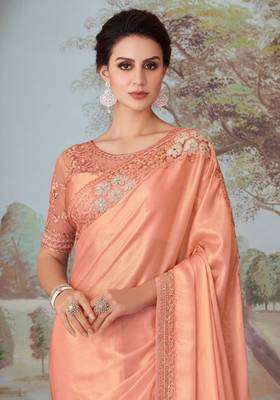 Peach oracle silk embroidery saree with blouse 3