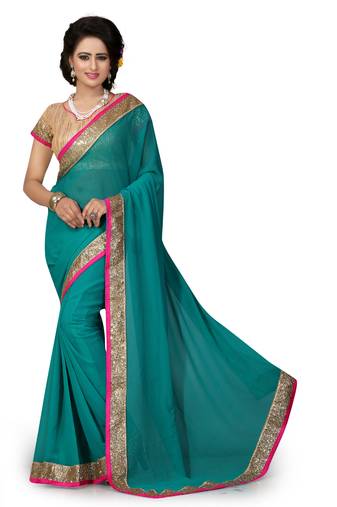 Rama Green Dupion Border Work Georgette Saree