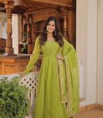 Green russian silk with kali pattern gown with dupatta