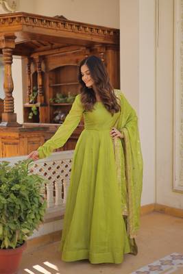 Green russian silk with kali pattern gown with dupatta 2