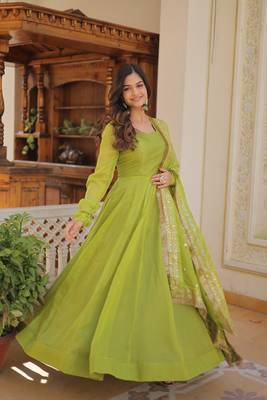 Green russian silk with kali pattern gown with dupatta 3