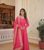 Pink russian silk with kali pattern gown with dupatta