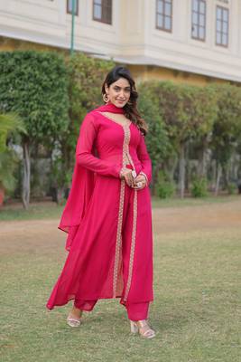 Pink russian silk with kali pattern gown with dupatta 2