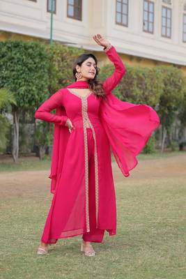 Pink russian silk with kali pattern gown with dupatta 3