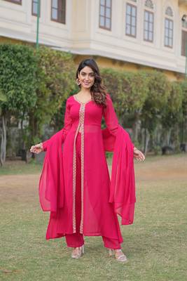 Pink russian silk with kali pattern gown with dupatta 4