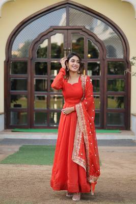 Orange russian silk with kali pattern gown with dupatta 2