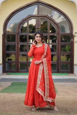 Orange russian silk with kali pattern gown with dupatta 3
