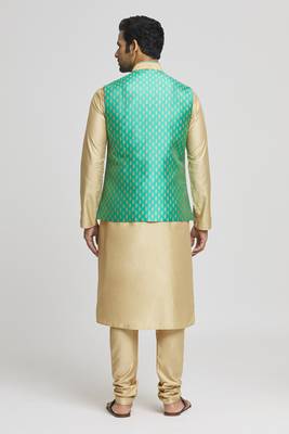 Green art silk jacket kurta for men's 3