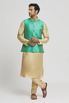 Green art silk jacket kurta for men's 1