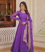 Purple russian silk with kali pattern gown with dupatta