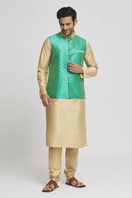 Green art silk jacket kurta for men's 4